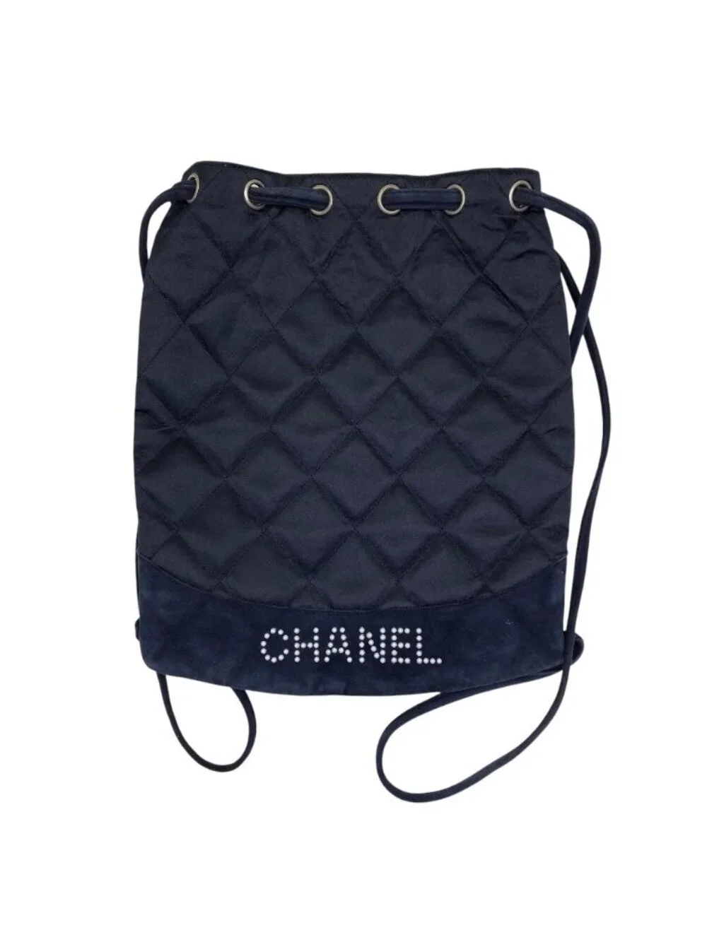 Chanel Quilted Backpack Nap Pearl Logo Satin Leather Navy Lightweight Capacity